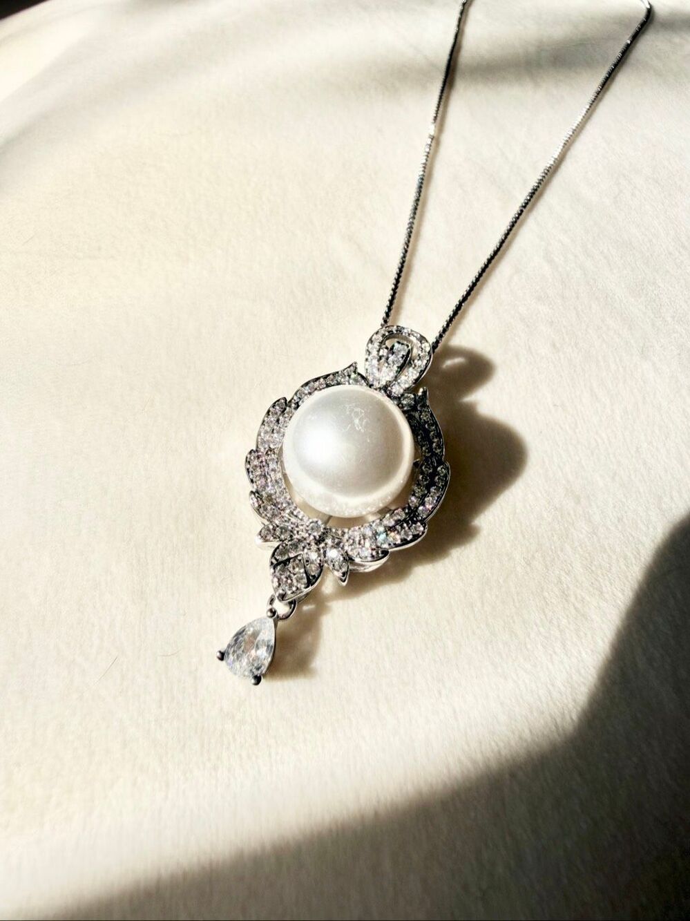 Pearl Cubic Zirconia Floral Teardrop Pendant Necklace Silver Tone